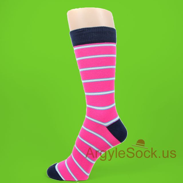Neon Hot Pink with Sky Blue & White Stripes Men's Socks